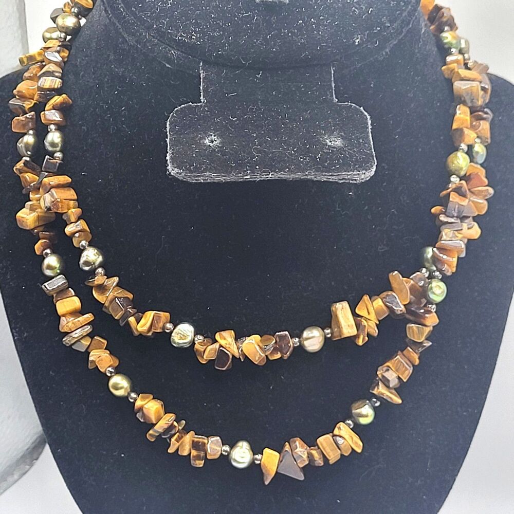 Artisan Gemstone Raw Tiger's Eye Hematite Grey Freshwater Pearls Necklace 17in